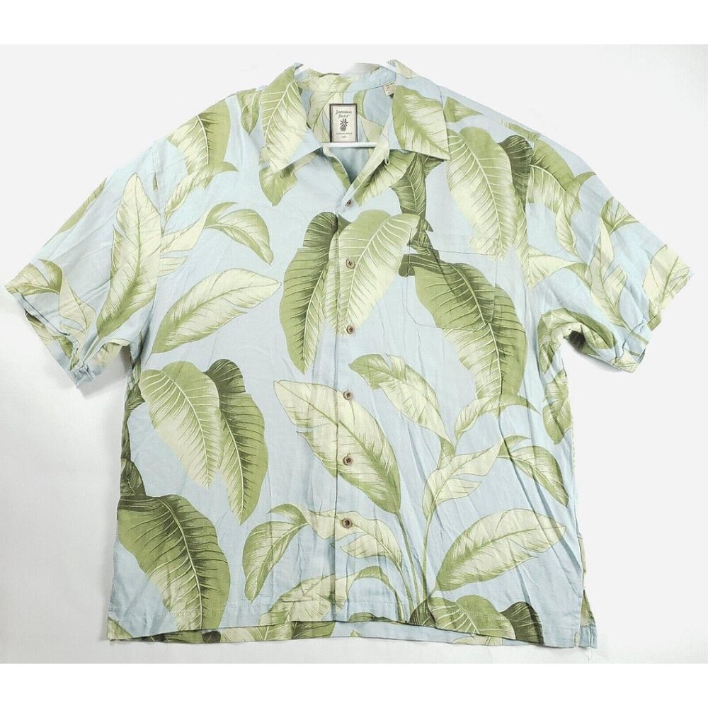 Jamaica Jaxx Shirt Men XL Blue Green Hawaiian Short Sleeve Silk Tropical